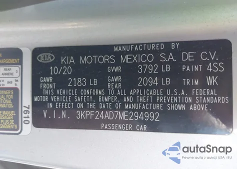 2021 Kia Forte Lxs из США, поврежденный, VIN 3KPF24AD7ME294992